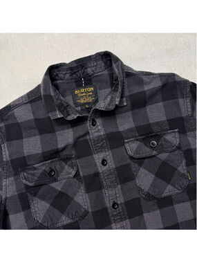 Men's Burton Black Gray Plaid Flannel Casual Button Down Shirt Large